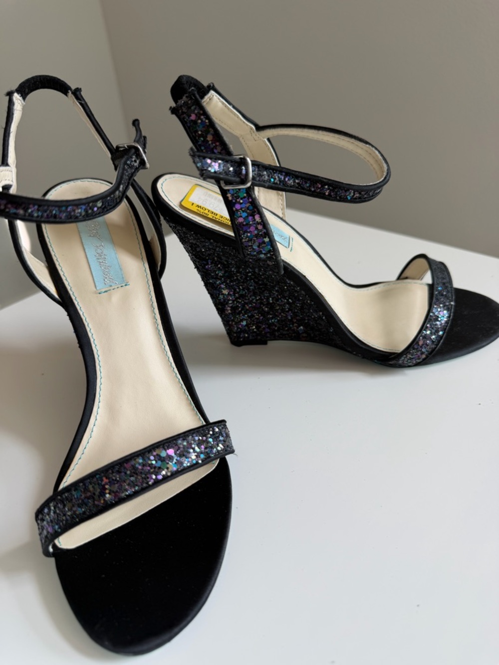 Betsey Johnson Black Glitter Wedge Sandals with Multicolor Sparkle
